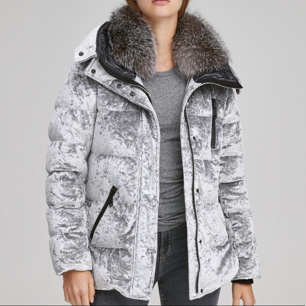 Andrew Marc Vara Fur Trim Velvet Puffer